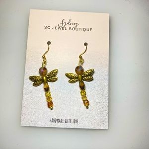 Handmade gold dragon fly earrings